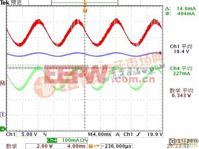 輸出回收電解電容（470uFX2）時的電流、電壓波形